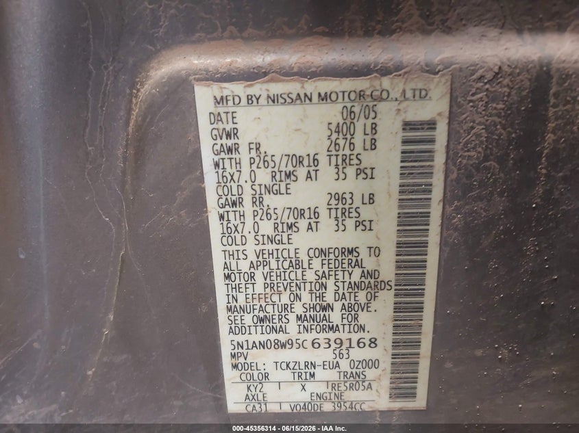 2005 Nissan Xterra S VIN: 5N1AN08W95C639168 Lot: 45356314