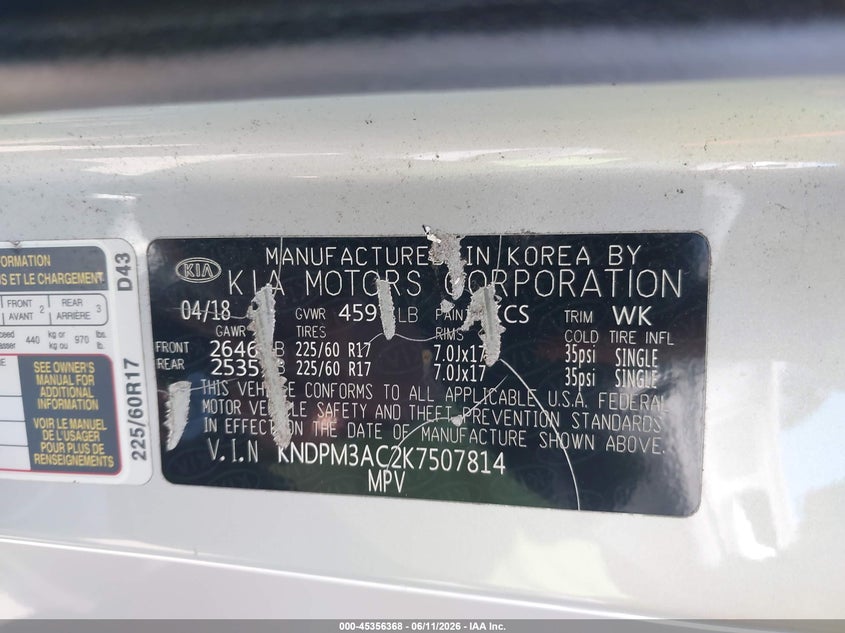 VIN KNDPM3AC2K7507814 2019 KIA SPORTAGE LX