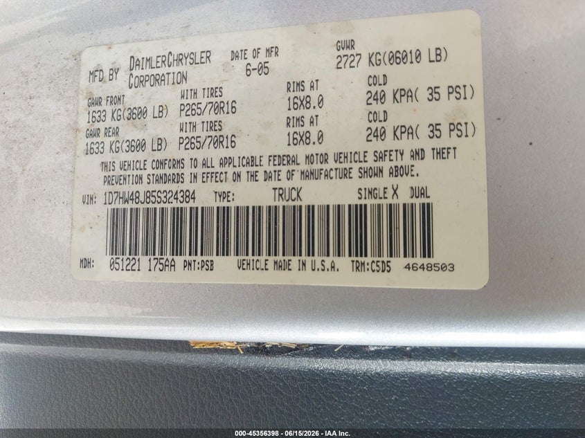 2005 Dodge Dakota Slt VIN: 1D7HW48J85S324384 Lot: 45356398