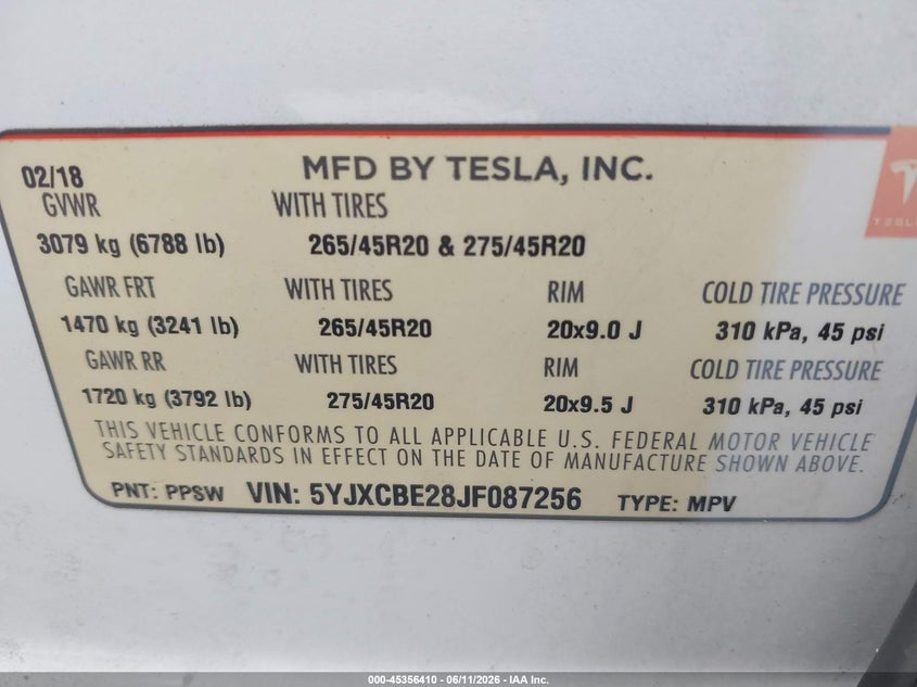 2018 Tesla Model X VIN: 5YJXCBE28JF087256 Lot: 45356410