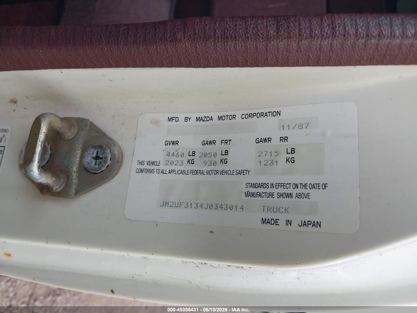 MAZDA B2200 1988 VIN JM2UF3134J0343014