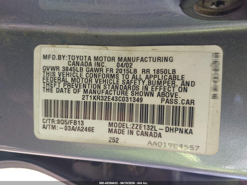 2003 Toyota Matrix Xr VIN: 2T1KR32E43C031349 Lot: 45356432