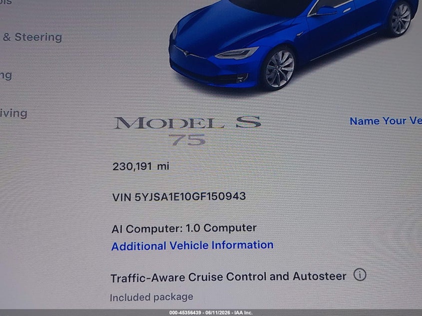 2016 Tesla Model S 60/70/75/85 VIN: 5YJSA1E10GF150943 Lot: 45356439