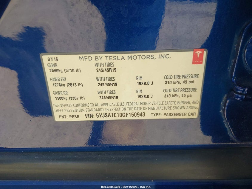 2016 Tesla Model S 60/70/75/85 VIN: 5YJSA1E10GF150943 Lot: 45356439
