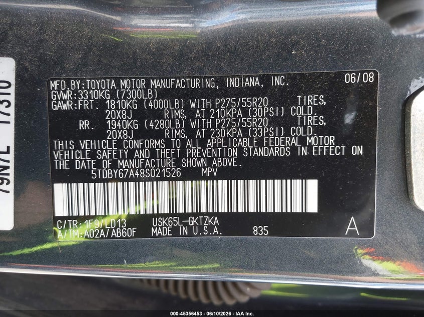 2008 Toyota Sequoia Platinum 5.7L V8 VIN: 5TDBY67A48S021526 Lot: 45356453
