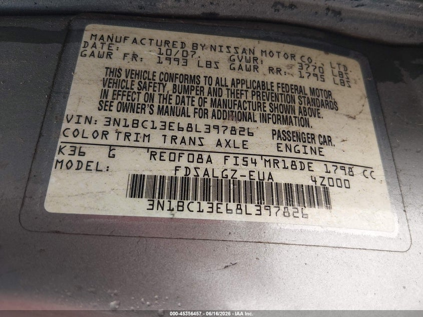 2008 NISSAN VERSA HATCHBACK 1.8L I-4 DOHC, VVT, 122HP
