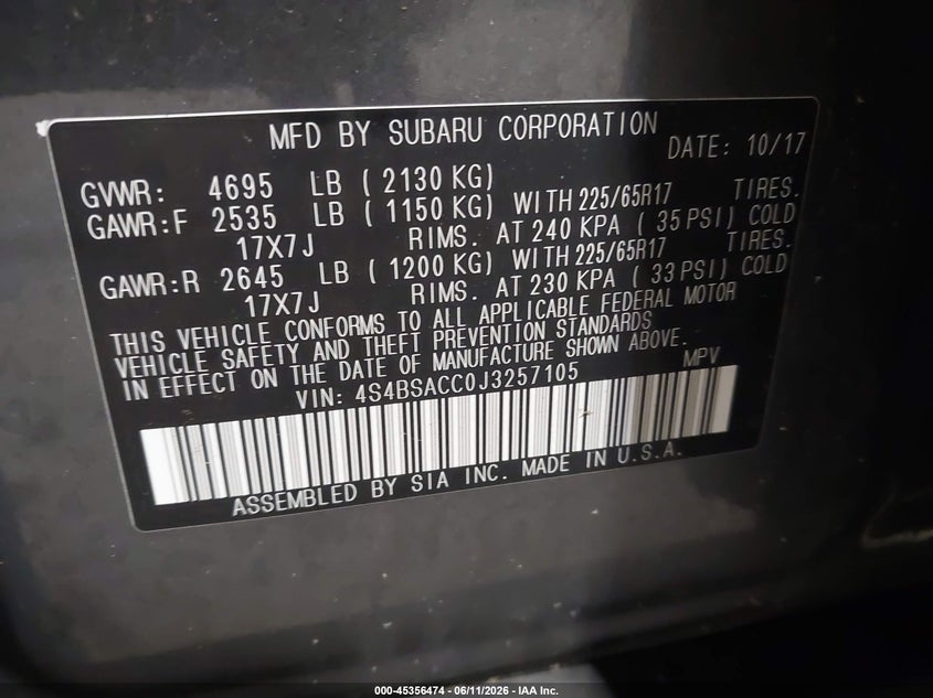 2018 SUBARU OUTBACK 2.5I PREMIUM — Photo 9