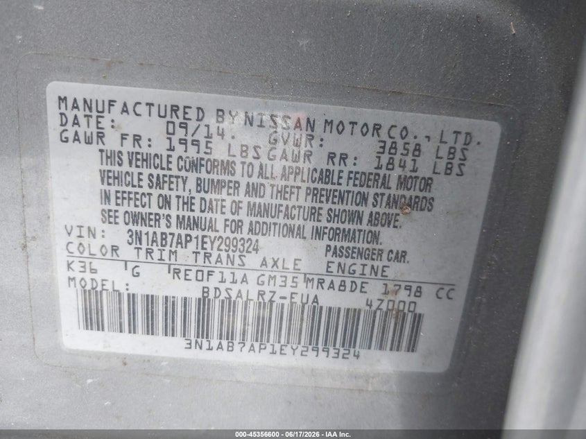 2014 NISSAN SENTRA SEDAN 1.8L I-4 DOHC, VVT, 130HP
