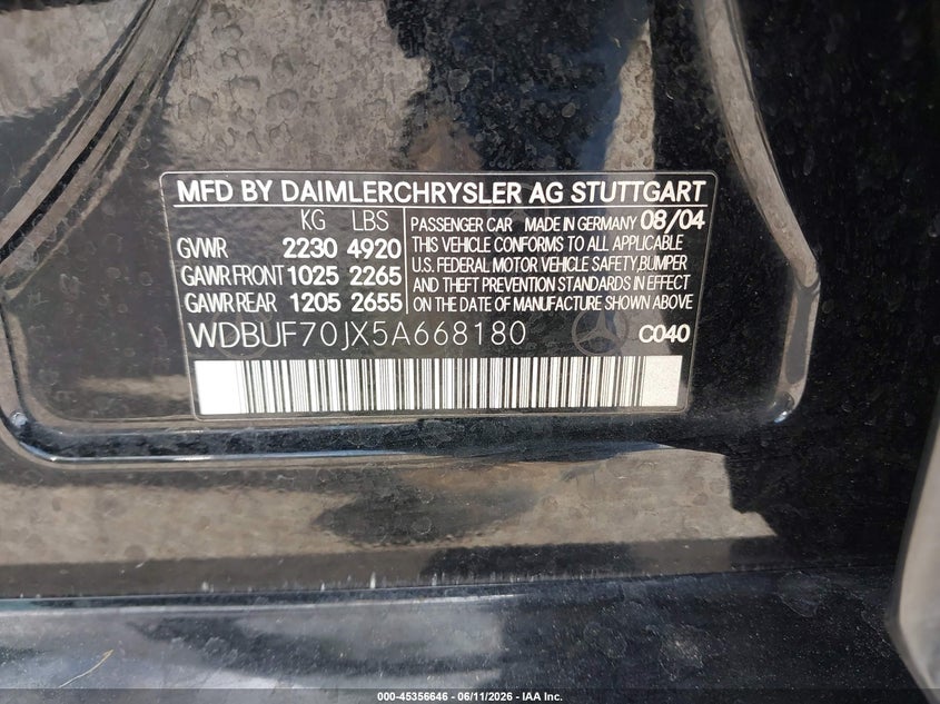 2005 Mercedes-Benz E 500 VIN: WDBUF70JX5A668180 Lot: 45356646