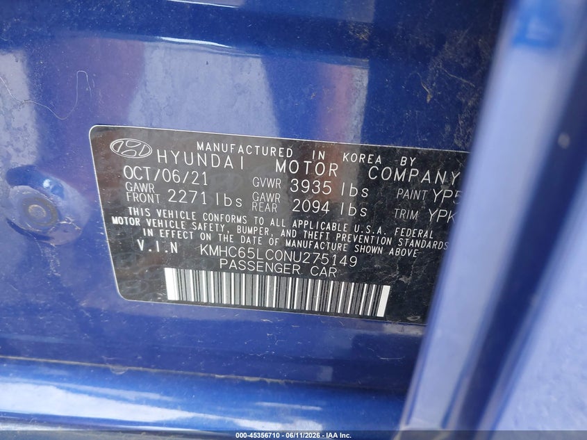 2022 Hyundai Ioniq Hybrid Blue VIN: KMHC65LC0NU275149 Lot: 45356710