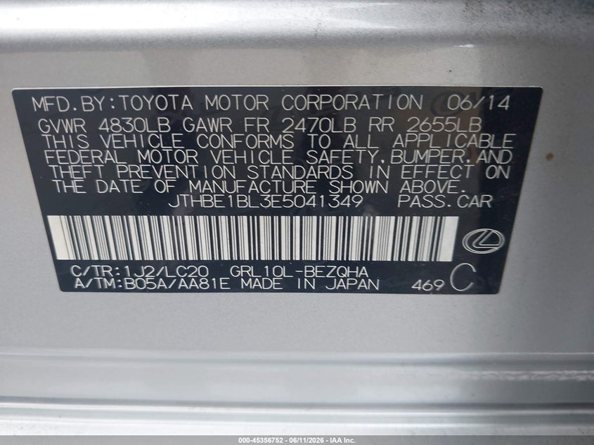 2014 Lexus Gs 350 VIN: JTHBE1BL3E5041349 Lot: 45356752