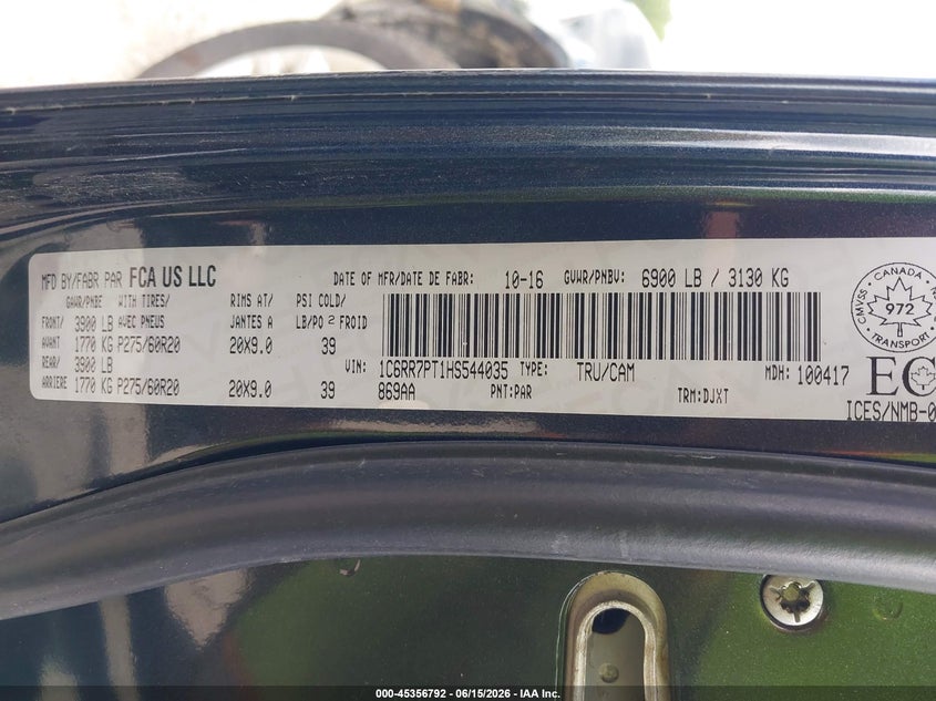RAM 1500 2017 VIN 1C6RR7PT1HS544035