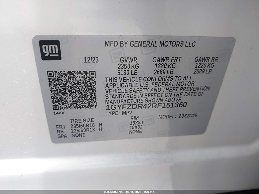 2024 Cadillac Xt4 Premium Luxury VIN: 1GYFZDR42RF151360 Lot: 45356793