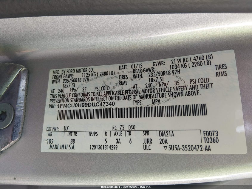 FORD ESCAPE 2013 VIN 1FMCU0H99DUC47340