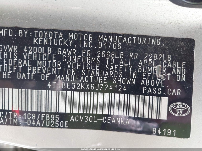 2006 Toyota Camry Le/Xle/Se VIN: 4T1BE32KX6U724124 Lot: 45356948