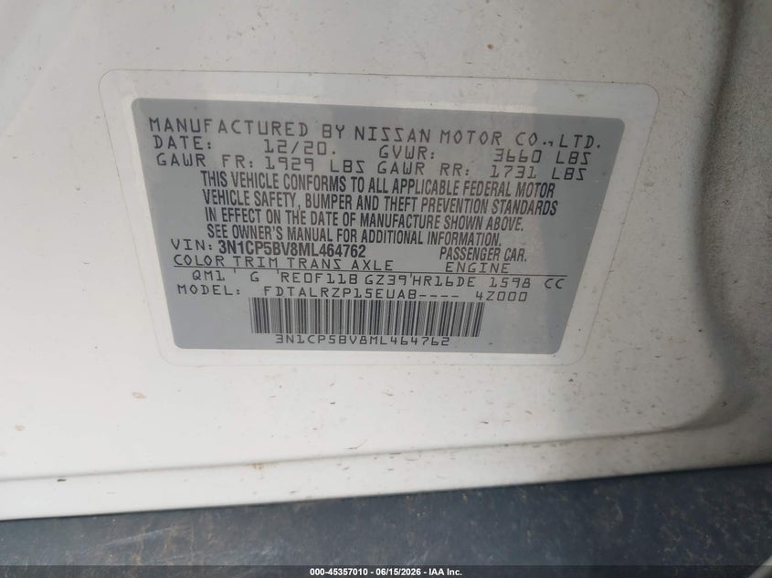 NISSAN KICKS 2021 VIN 3N1CP5BV8ML464762