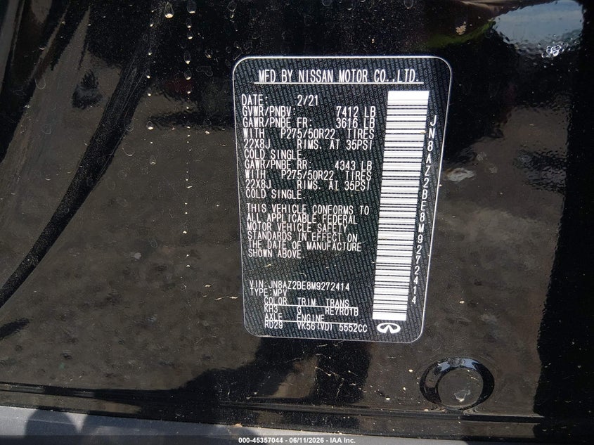2021 Infiniti Qx80 Sensory Awd VIN: JN8AZ2BE8M9272414 Lot: 45357044