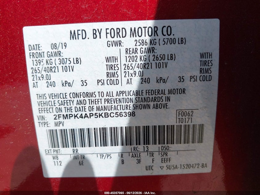 VIN 2FMPK4AP5KBC56398 2019 FORD EDGE ST