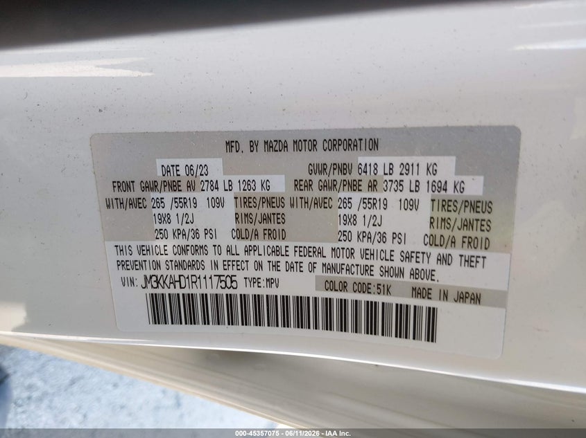 2024 Mazda Cx-90 3.3 Turbo Select VIN: JM3KKAHD1R1117505 Lot: 45357075