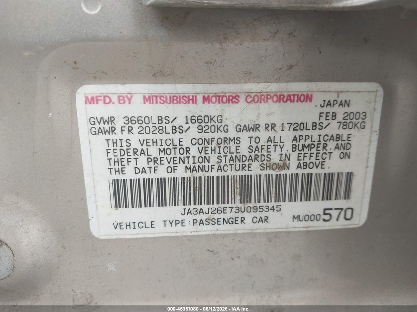 2003 Mitsubishi Lancer Es VIN: JA3AJ26E73U095345 Lot: 45357080