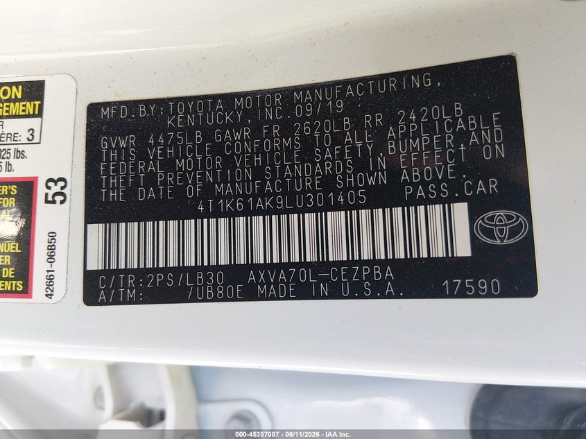 2020 Toyota Camry Xse VIN: 4T1K61AK9LU301405 Lot: 45357087