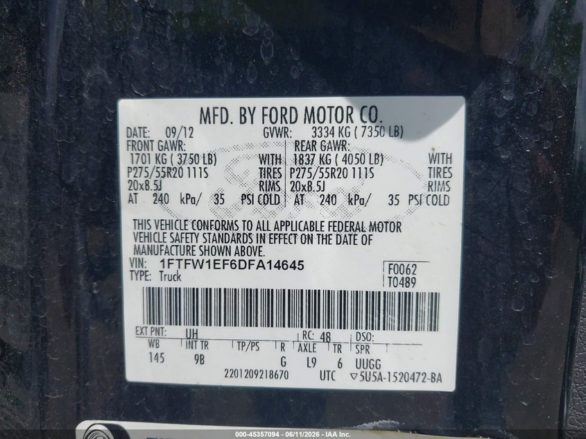 2013 Ford F-150 Platinum VIN: 1FTFW1EF6DFA14645 Lot: 45357094