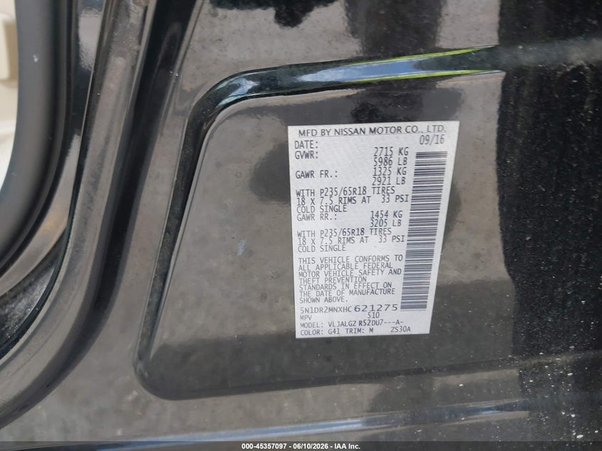 VIN 5N1DR2MNXHC621275 2017 NISSAN PATHFINDER SL