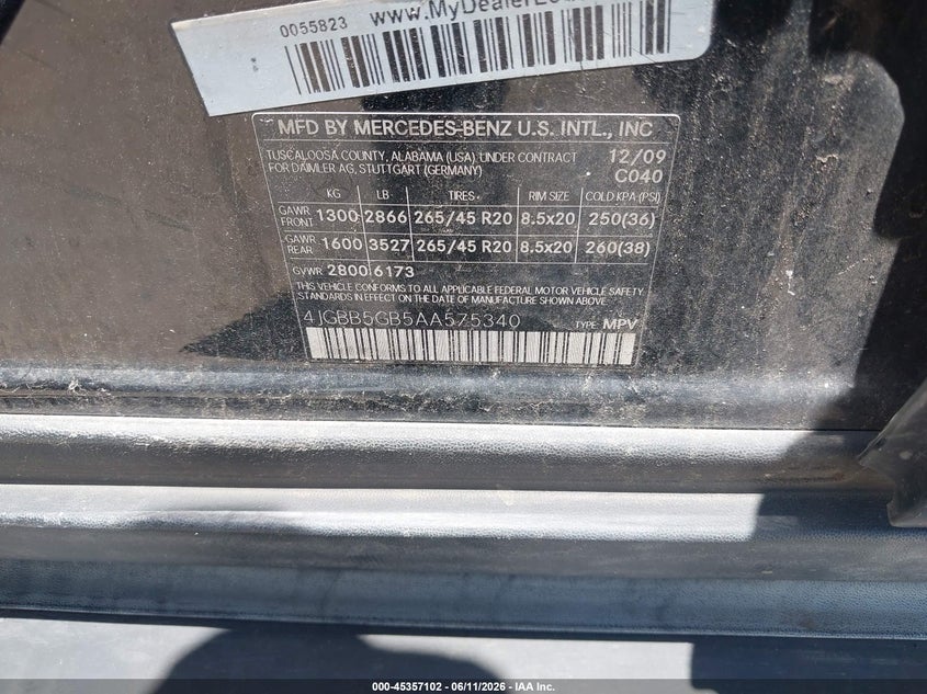 2010 Mercedes-Benz Ml 350 VIN: 4JGBB5GB5AA575340 Lot: 45357102