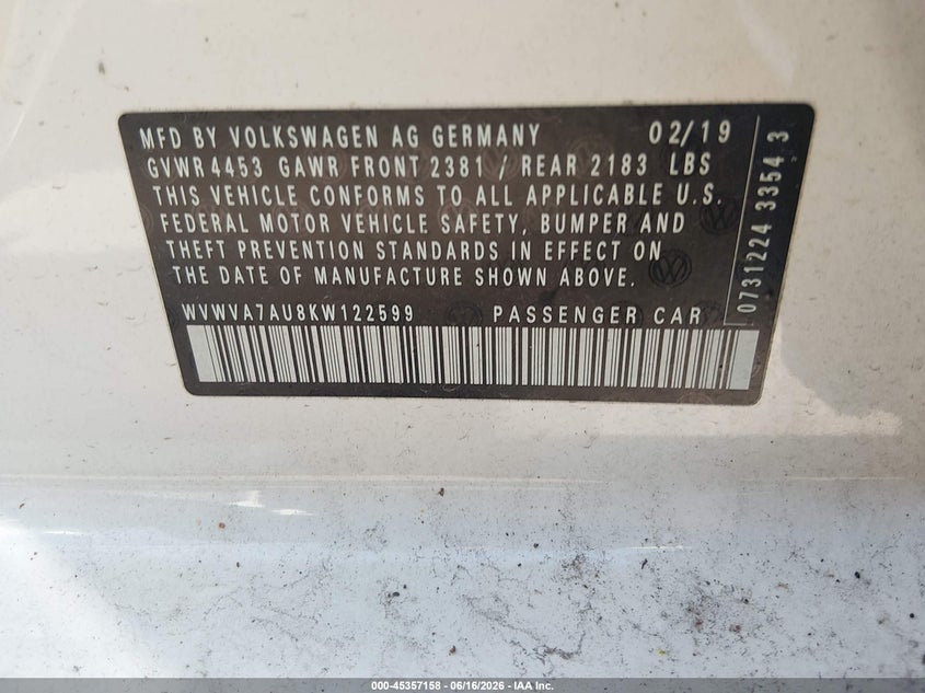 2019 Volkswagen Golf R 2.0T W/Dcc Navigation VIN: WVWVA7AU8KW122599 Lot: 45357158