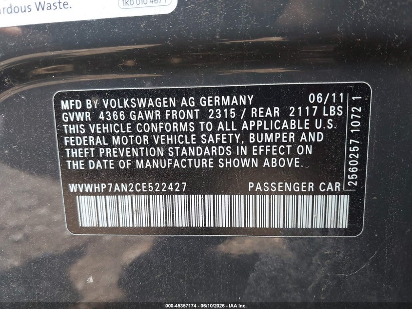 2012 Volkswagen Cc Lux VIN: WVWHP7AN2CE522427 Lot: 45357174