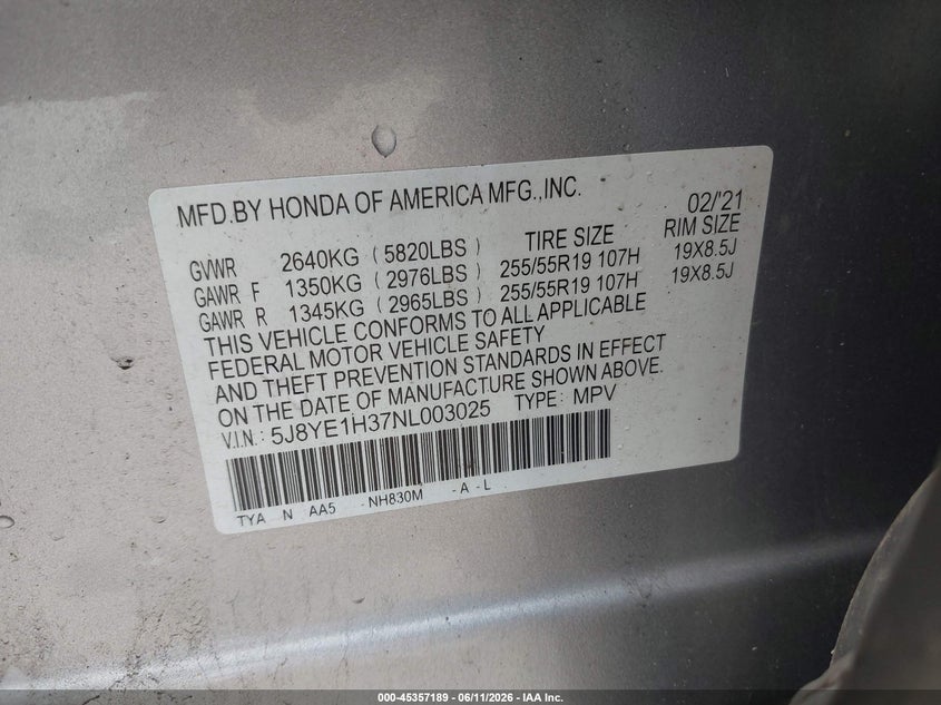 2022 Acura Mdx Standard VIN: 5J8YE1H37NL003025 Lot: 45357189
