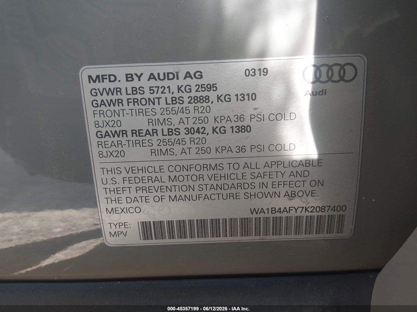 2019 Audi Sq5 3.0T Premium VIN: WA1B4AFY7K2087400 Lot: 45357199