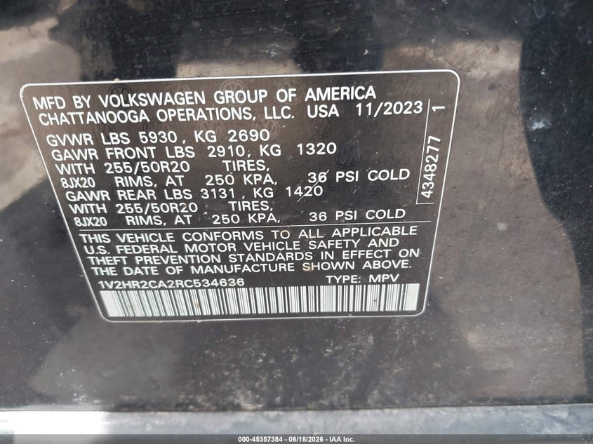 2024 Volkswagen Atlas 2.0T Se W/Technology VIN: 1V2HR2CA2RC534636 Lot: 45357384