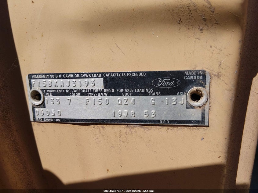 1978 Ford Bronco VIN: F15BKAJ3193 Lot: 45357387