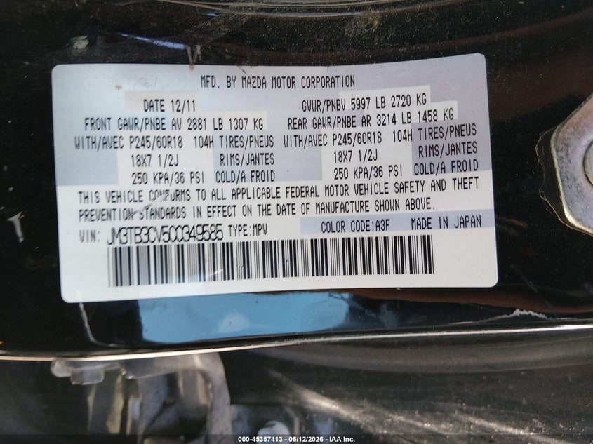 2012 Mazda Cx-9 Touring VIN: JM3TB3CV5C0349585 Lot: 45357413