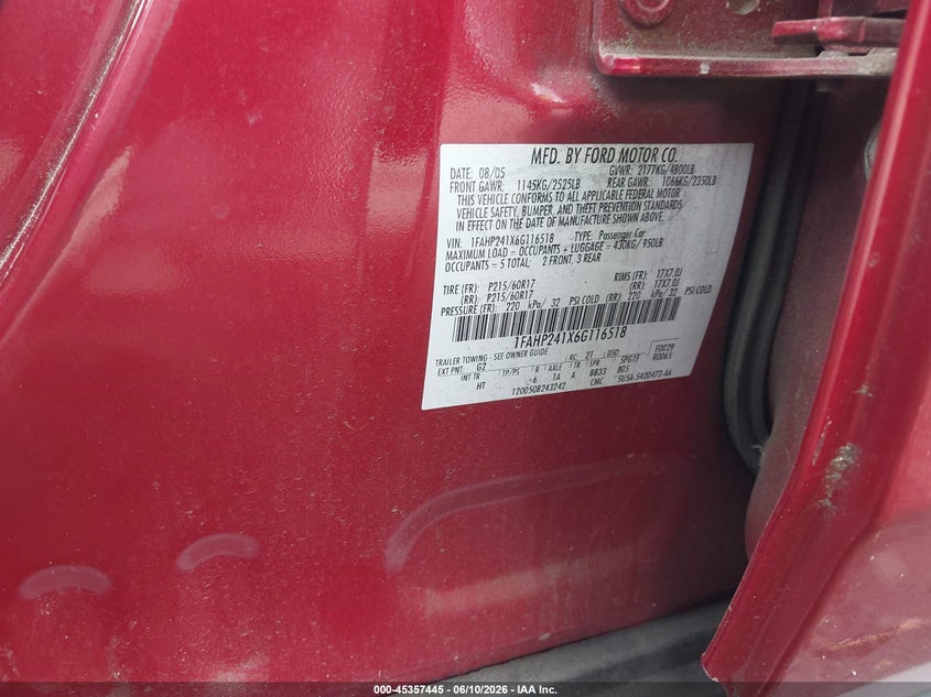 2006 Ford Five Hundred Sel VIN: 1FAHP241X6G116518 Lot: 45357445