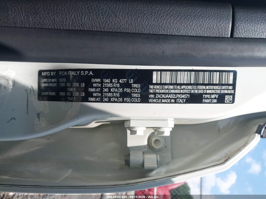 2020 Jeep Renegade Sport Fwd VIN: ZACNJAAB2LPK94571 Lot: 45357454
