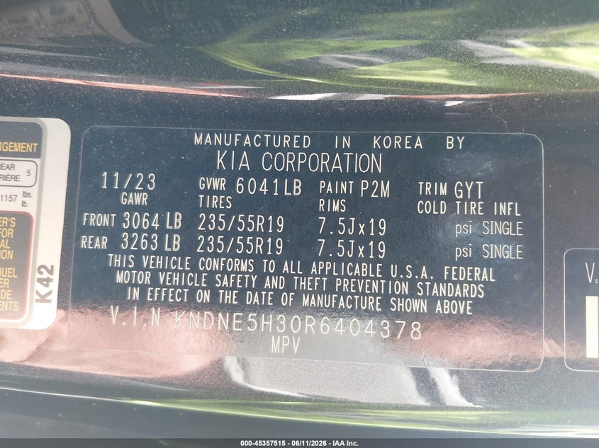 2024 Kia Carnival Mpv Sx Prestige VIN: KNDNE5H30R6404378 Lot: 45357515