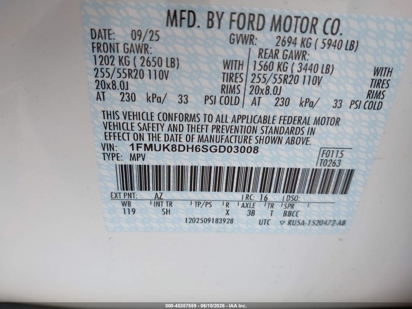 FORD EXPLORER 2025 VIN 1FMUK8DH6SGD03008