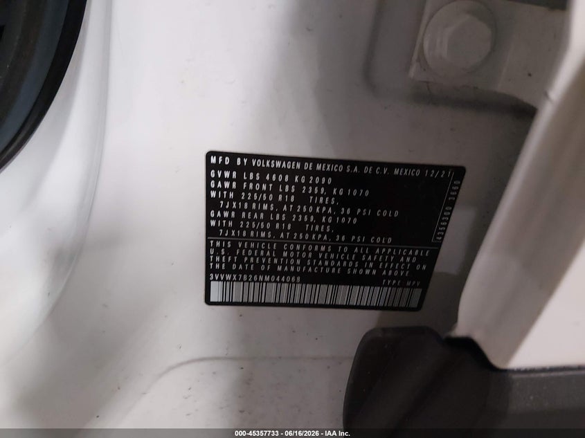 2022 Volkswagen Taos 1.5T Se VIN: 3VVWX7B26NM044068 Lot: 45357733