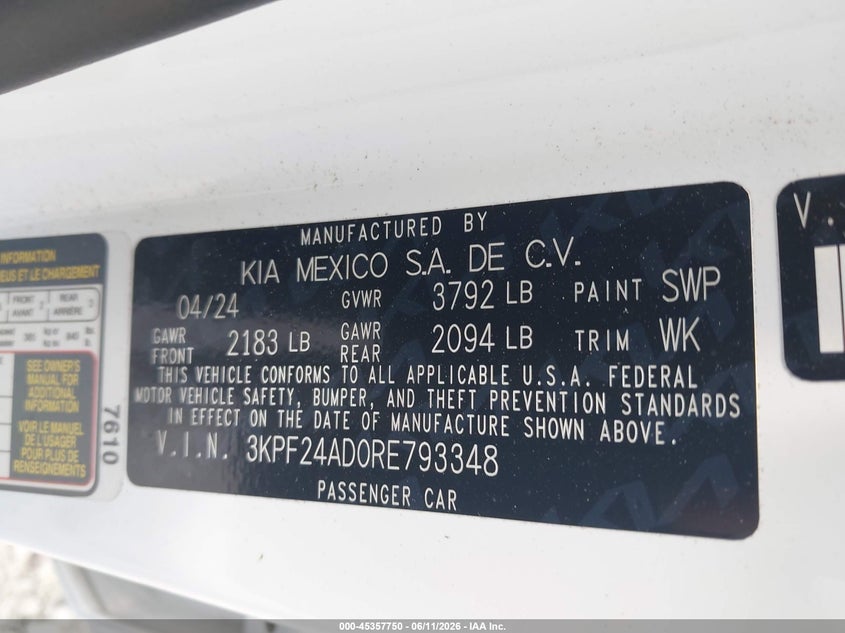 VIN 3KPF24AD0RE793348 2024 KIA FORTE LXS