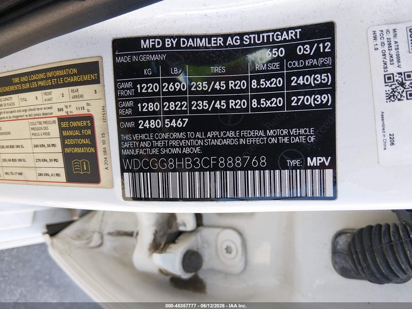 2012 Mercedes-Benz Glk 350 4Matic VIN: WDCGG8HB3CF888768 Lot: 45357777