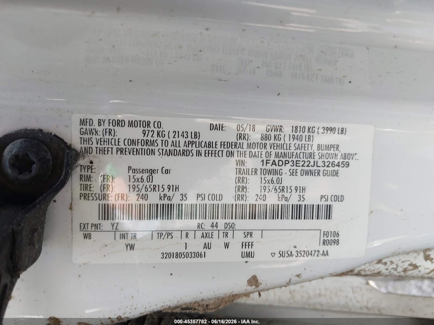 VIN 1FADP3E22JL326459 2018 FORD FOCUS S