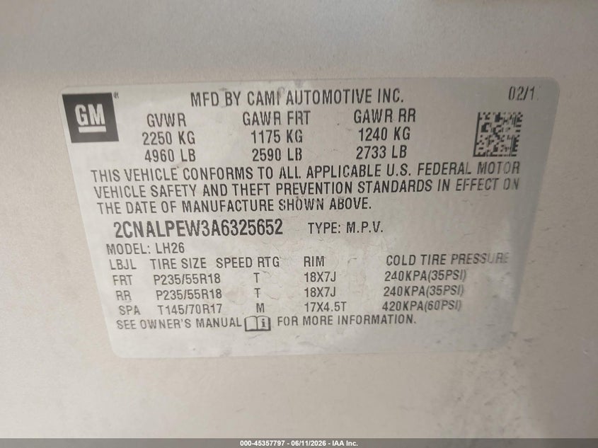 2010 CHEVROLET EQUINOX SPORT UTILITY VEHICLE 2.4L I-4 DI, DOHC, VVT, 182HP