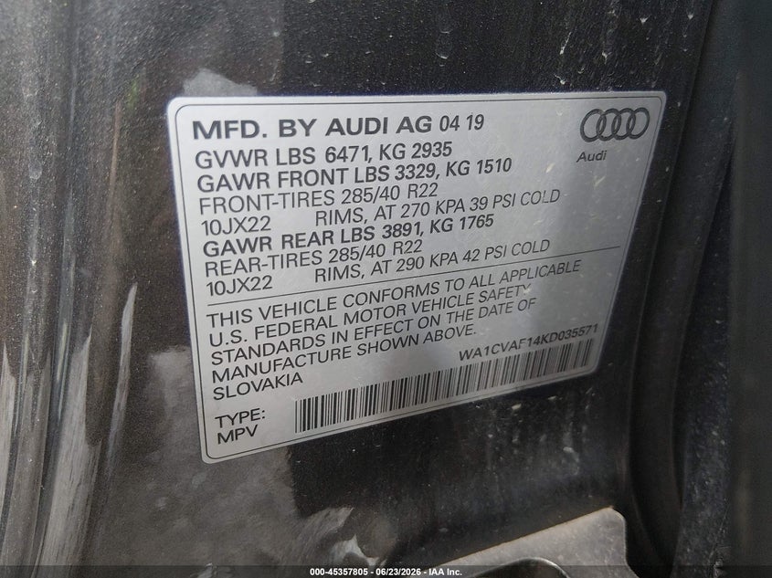2019 Audi Q8 55 Premium VIN: WA1CVAF14KD035571 Lot: 45357805
