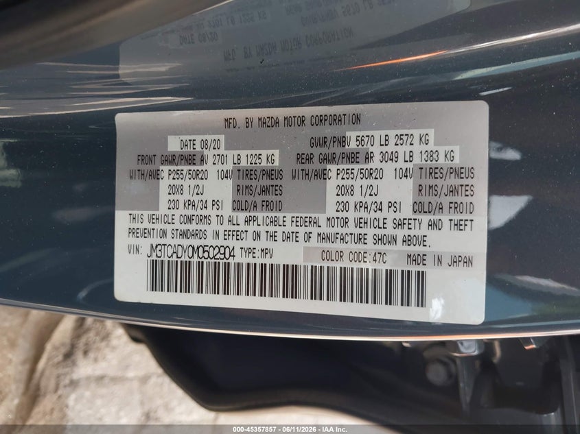 2021 Mazda Cx-9 Carbon Edition VIN: JM3TCADY0M0502904 Lot: 45357857