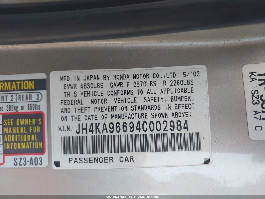 2004 Acura Rl 3.5 VIN: JH4KA96694C002984 Lot: 45357862