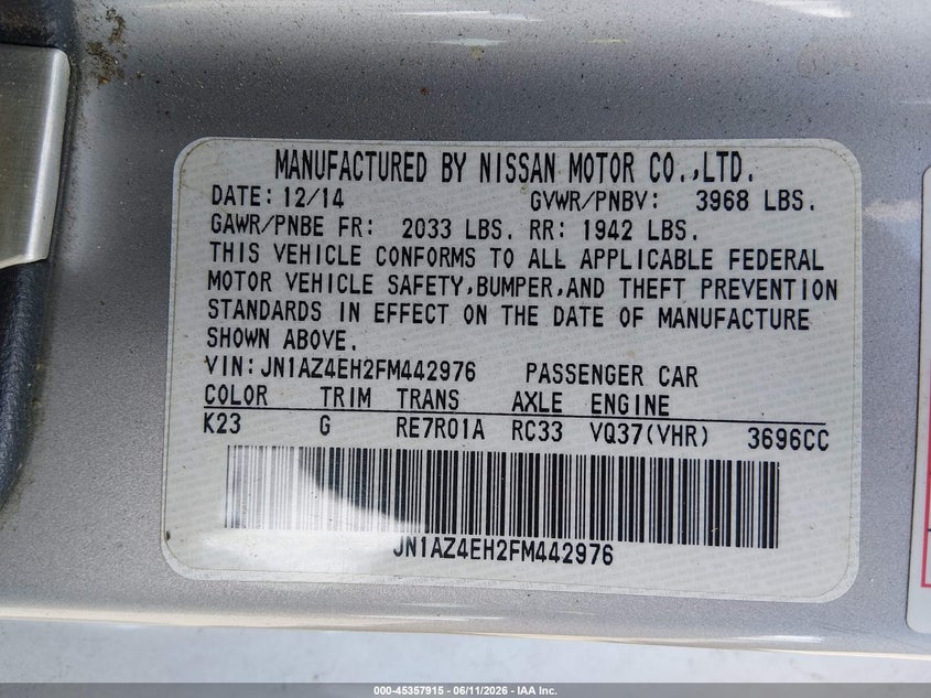 2015 Nissan 370Z Sport Tech VIN: JN1AZ4EH2FM442976 Lot: 45357915