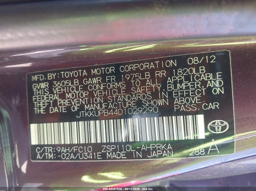 2013 Scion Xd VIN: JTKKUPB44D1029290 Lot: 45357936