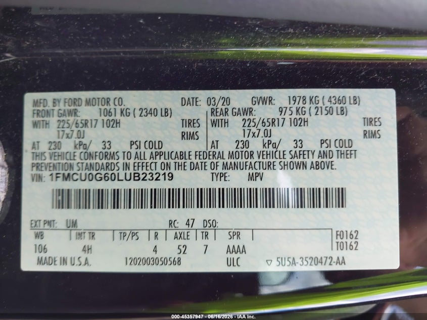 VIN 1FMCU0G60LUB23219 2020 FORD ESCAPE SE
